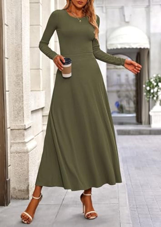 Damen Langärmeliges Maxikleid mit tailliertem Oberteil und fließendem A-Linien-Rock Shop Nory