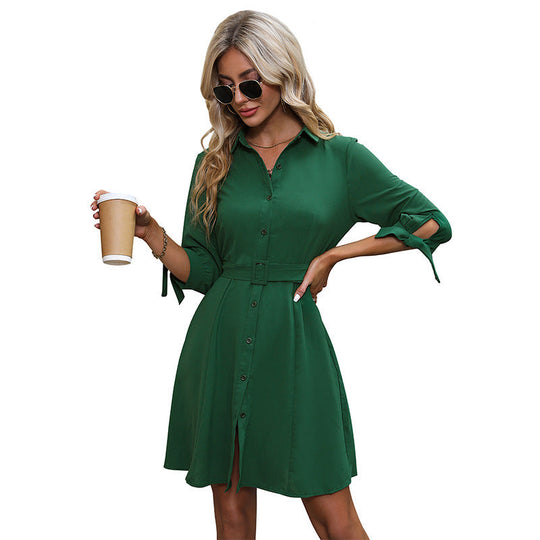 Damen Knielanges Hemdblusenkleid mit Taillengürtel und Schleifenärmeln Shop Nory