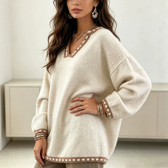Damen Oversize V-Ausschnitt Strickpullover mit kontrastierender Punktbordüre und Ballonärmeln Shop Nory