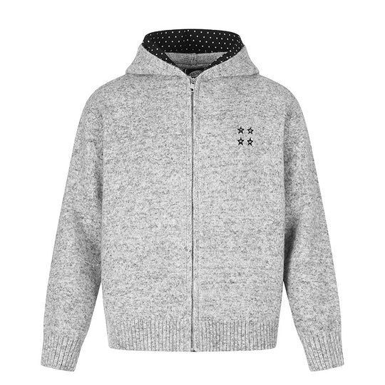 Damen Zip-Kapuzen-Strickjacke mit gepunkteter Kapuzenfütterung und Sternchen-Stickerei Shop Nory