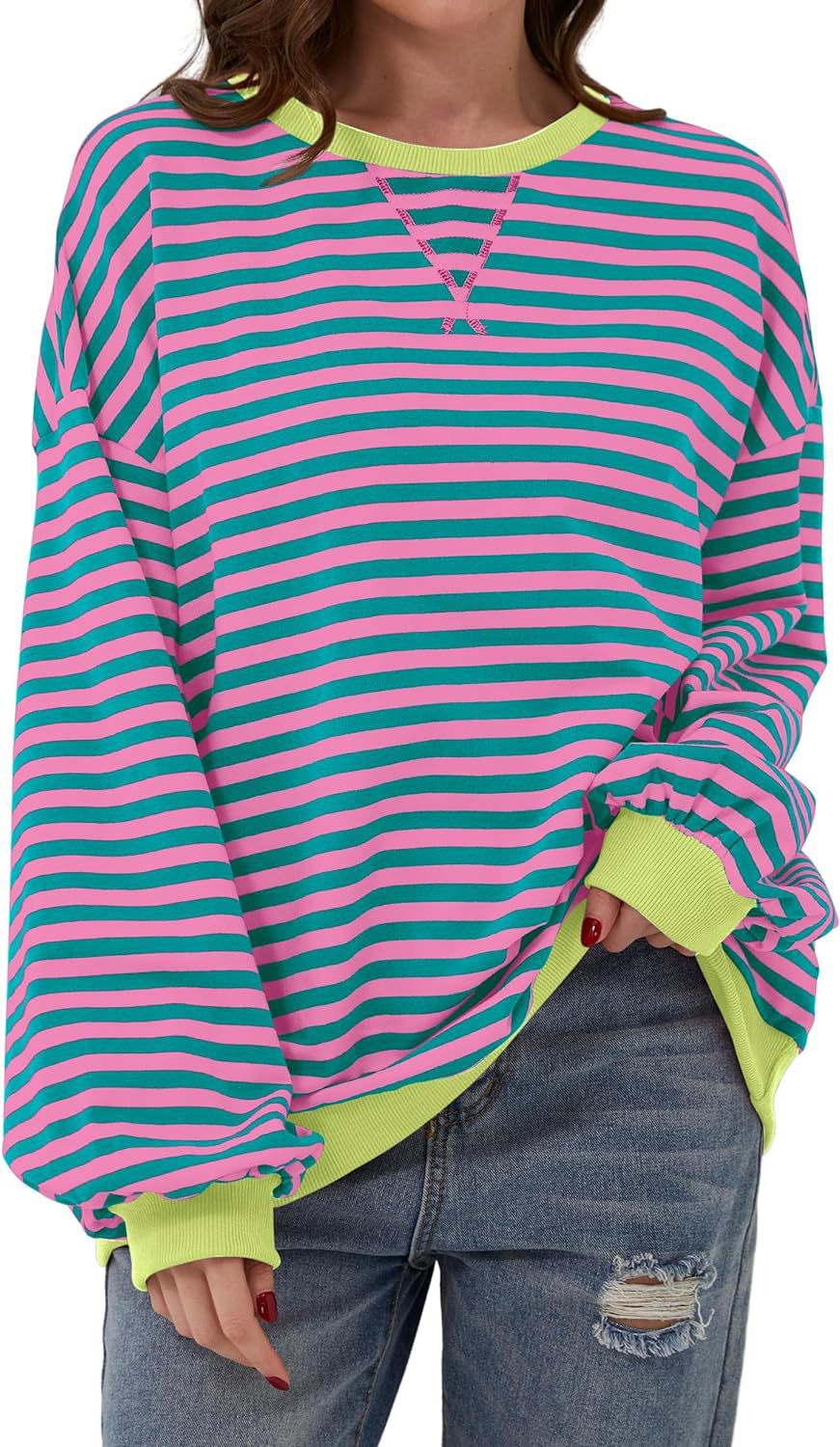 Damen Lässiger Sweatshirt mit bunten Streifen und weitem Schnitt