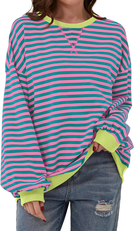 Damen Lässiger Sweatshirt mit bunten Streifen und weitem Schnitt