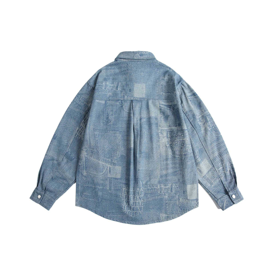 Unisex Oversize-Denim-Hemdjacke mit Patchwork-Print und Druckknopfblende Shop Nory