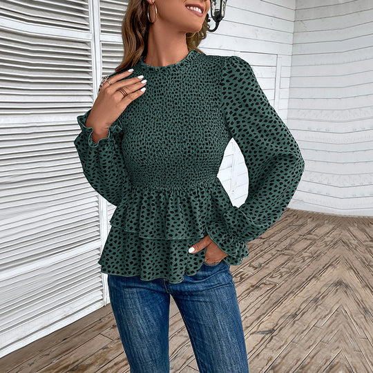 Damen Gesmoktes Chiffon-Blusenshirt mit Stufen-Peplum und Rüschenärmeln Shop Nory