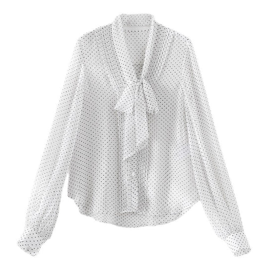 Damen Chiffon-Bluse mit Schleifenkragen, Pünktchenmuster und Biesen-Detail Shop Nory