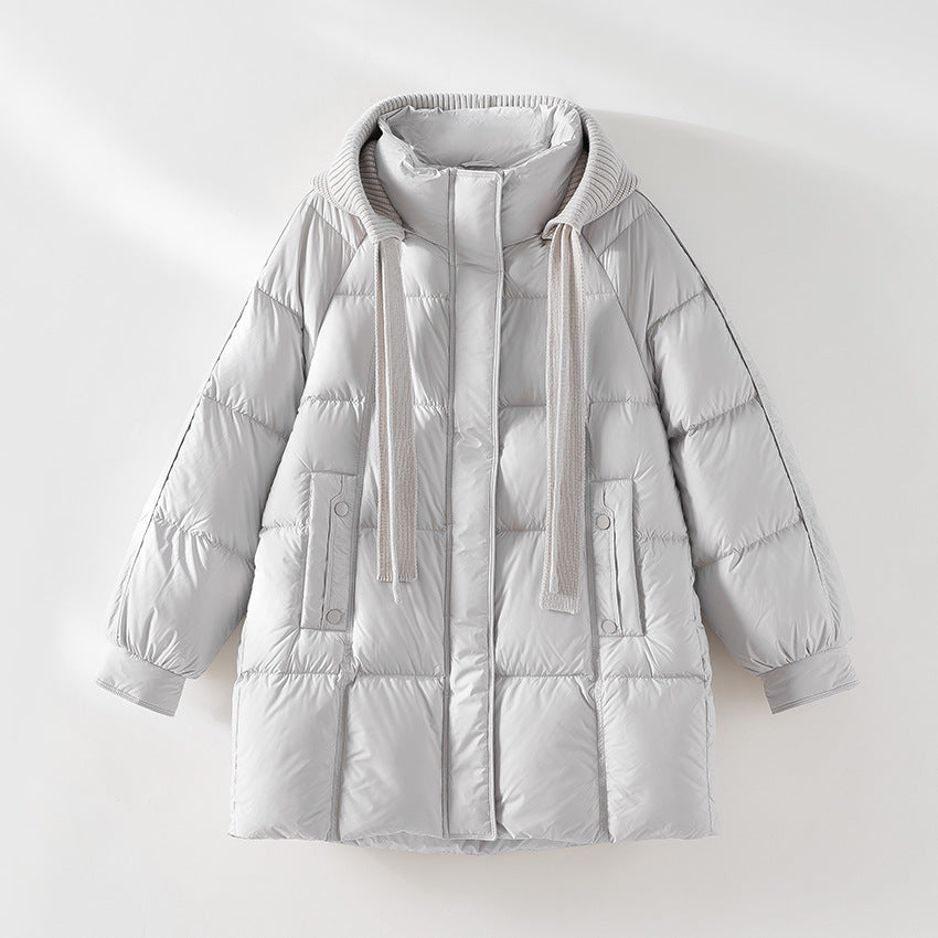 Damen wattierte Steppjacke mit Kapuze Rippkragen weitem Schnitt und Midilänge Shop Nory