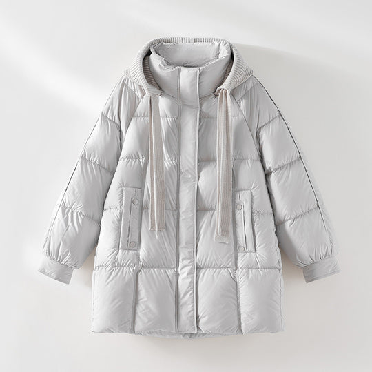 Damen wattierte Steppjacke mit Kapuze Rippkragen weitem Schnitt und Midilänge Shop Nory