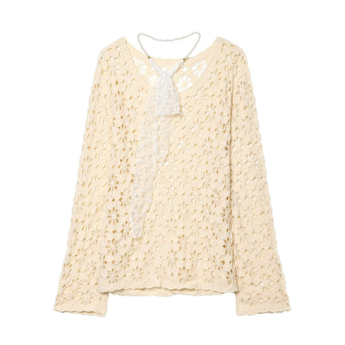 Damen gehäkelter Floralpullover mit Rundhalsausschnitt und Ajourmuster Shop Nory