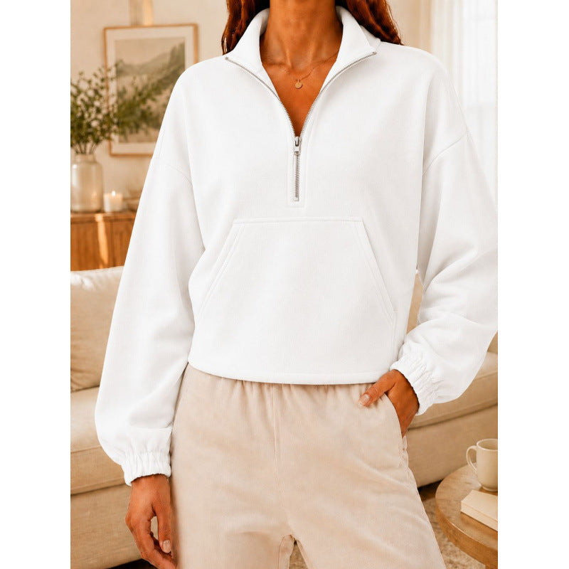 Damen Kurz geschnittener Sweatshirt-Pullover mit halbem Reißverschluss und Kängurutasche Shop Nory