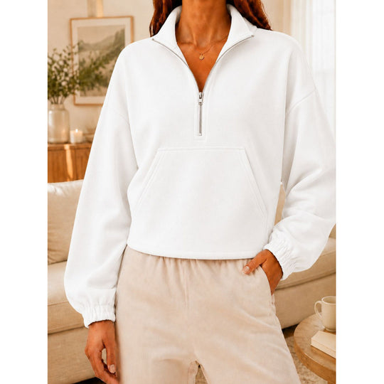 Damen Kurz geschnittener Sweatshirt-Pullover mit halbem Reißverschluss und Kängurutasche Shop Nory