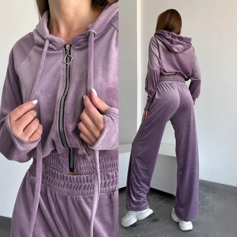 Damen Velours-Lounge-Set mit Cropped Kapuzenjacke und High-Waist weitem Bein Shop Nory
