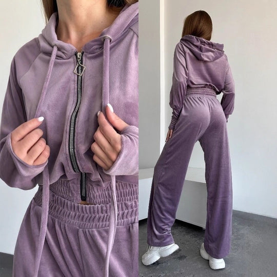 Damen Velours-Lounge-Set mit Cropped Kapuzenjacke und High-Waist weitem Bein Shop Nory