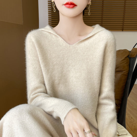 Damen Weicher Mohair‑Optik Kapuzenpullover mit V‑Ausschnitt und geripptem Saum Shop Nory