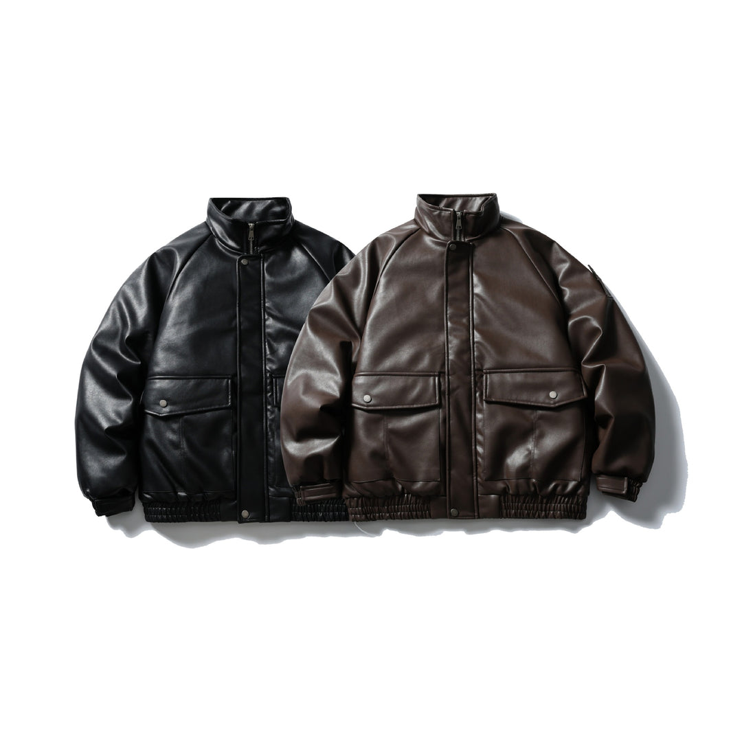 Herren Gepolsterte Kunstleder-Bomberjacke mit hohem Stehkragen und Pattentaschen Shop Nory
