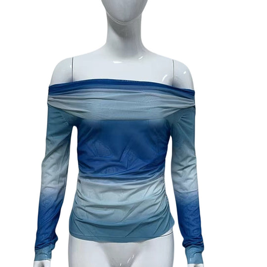 Damen Schulterfreies Mesh-Longsleeve mit Raffung und leichter Transparenz Shop Nory