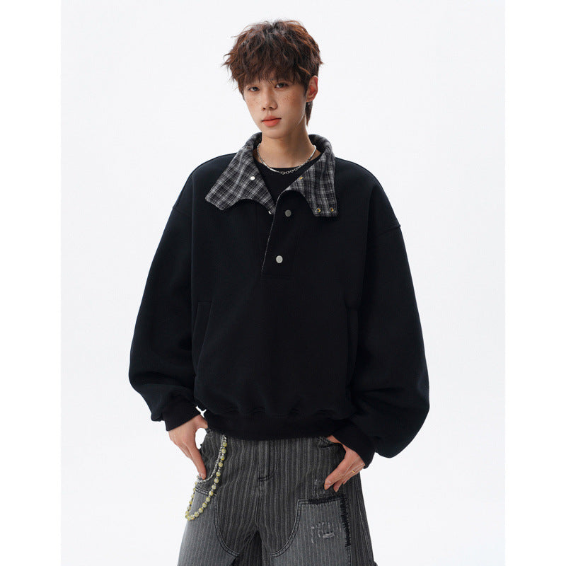 Unisex Oversized Sweatshirt mit abnehmbarem Karo-Kragen und Druckknopfleiste Shop Nory