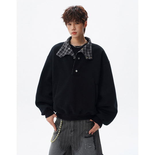Unisex Oversized Sweatshirt mit abnehmbarem Karo-Kragen und Druckknopfleiste Shop Nory