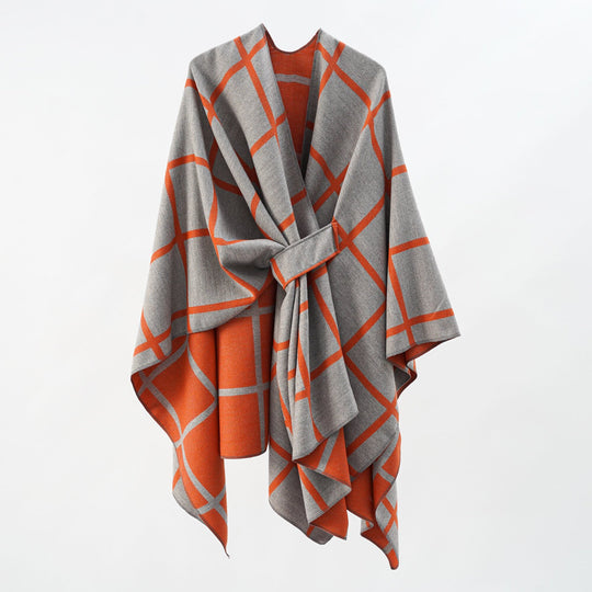 Damen Oversize Wollmix Poncho mit Gürtel und Karomuster Shop Nory