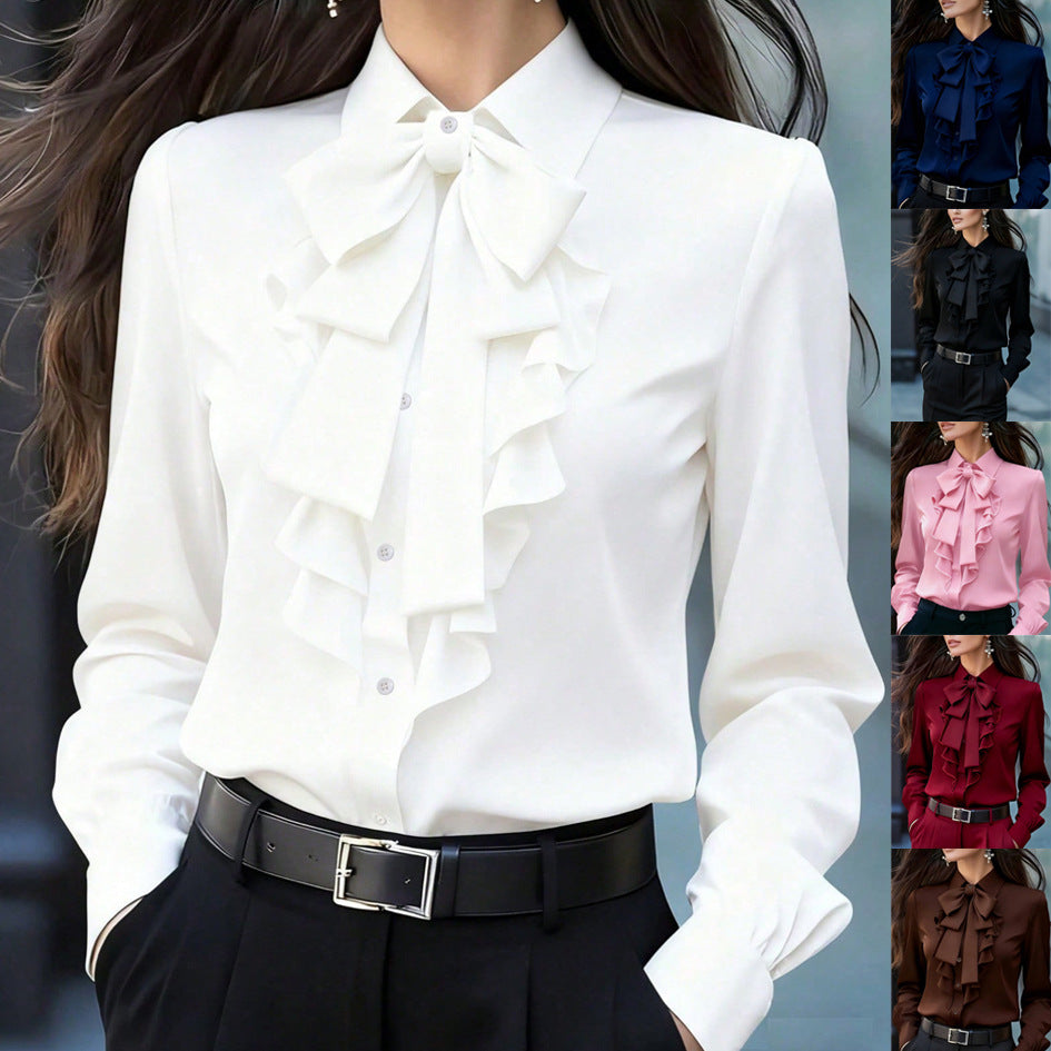 Damen Rüschenbluse mit Schleifenkragen und Volantfront Shop Nory