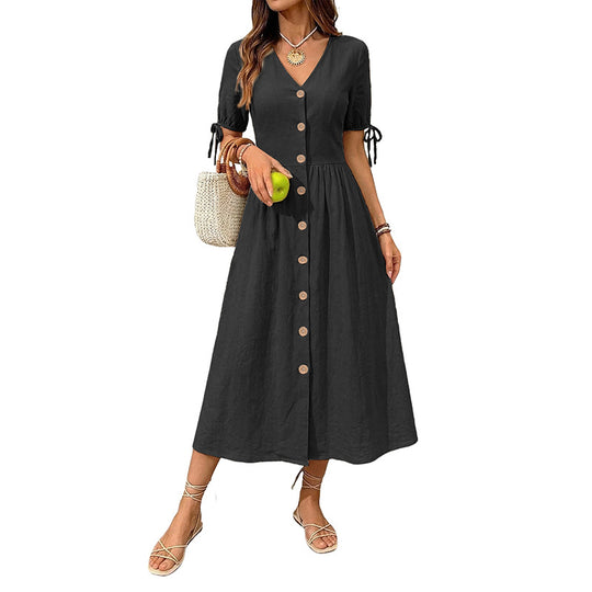 Damen Knielanges Knopfkleid aus leichtem Baumwollmix mit V-Ausschnitt Shop Nory