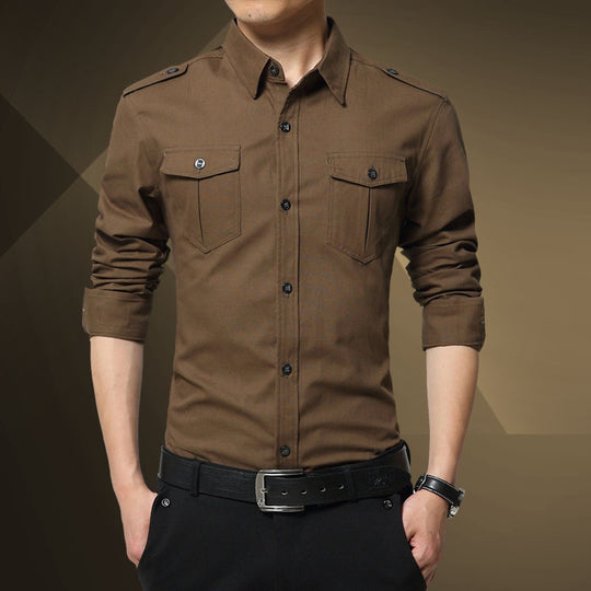 Herren Slim-Fit Baumwoll-Mix Utility-Hemd mit Schulterklappen und Brustpattentaschen Shop Nory