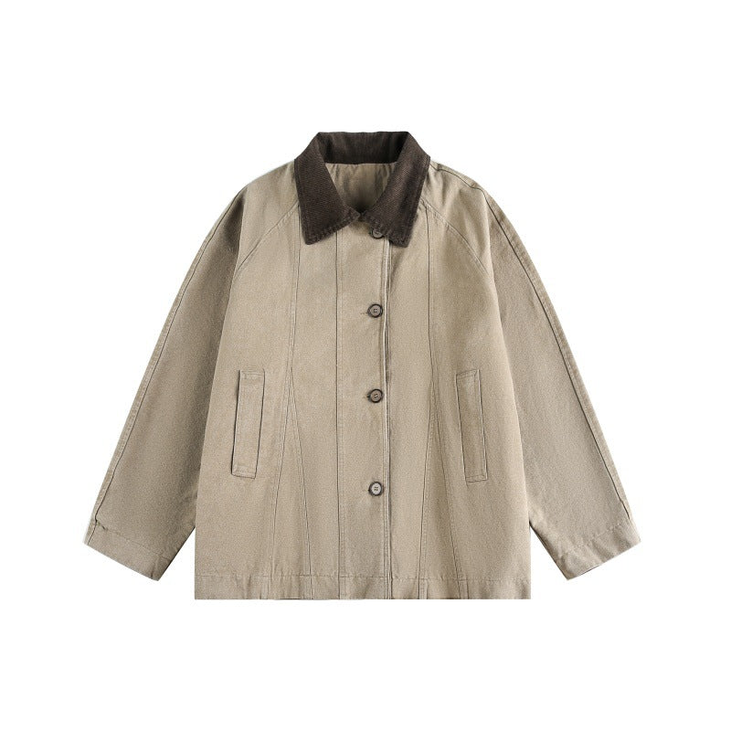Unisex Kurz geschnittener Boxy-Jeansblouson mit Cordkragen und tonalen Ziernähten Shop Nory