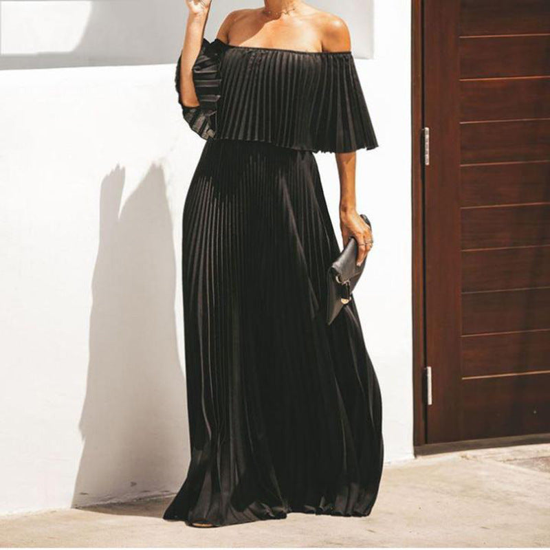 Damen Maxikleid mit asymmetrischem Plisseefall und schulterfreiem Design