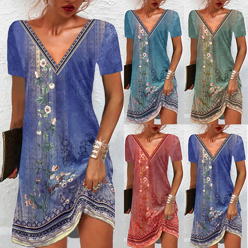 Frauen Floral V-Ausschnitt Tunika Kleid mit Border Print und langen Ärmeln Shop Nory