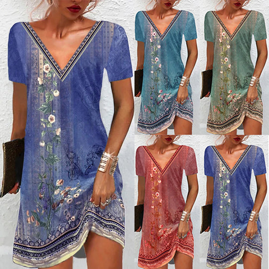 Frauen Floral V-Ausschnitt Tunika Kleid mit Border Print und langen Ärmeln Shop Nory