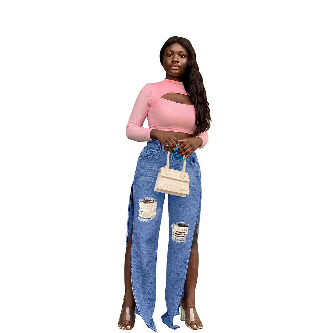 Damen Hochtaillierte Wide-Leg-Jeanshose mit Knie-Rissen und seitlichen Schlitzen Shop Nory