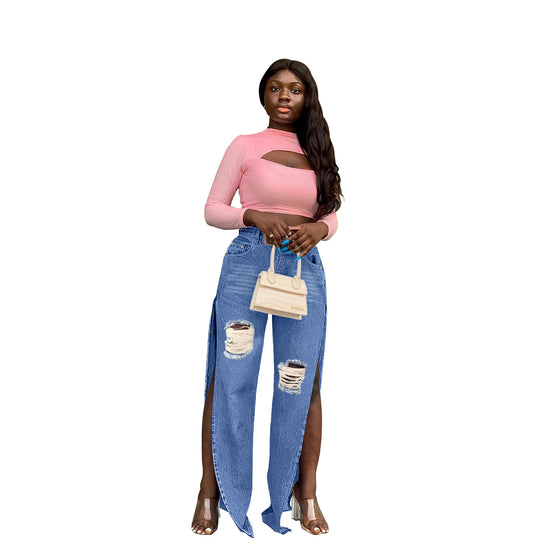 Damen Hochtaillierte Wide-Leg-Jeanshose mit Knie-Rissen und seitlichen Schlitzen Shop Nory