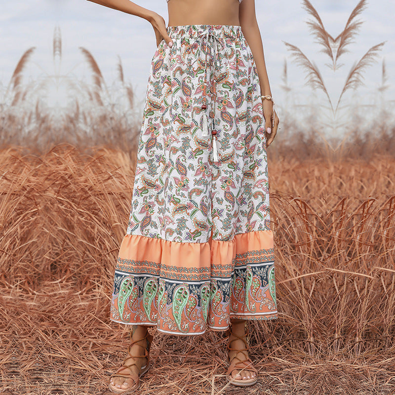 Damen Boho-Maxirock mit Paisley-Alloverprint, elastischem Taillenbund, Tunnelzug und Volantstufe Shop Nory
