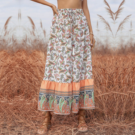 Damen Boho-Maxirock mit Paisley-Alloverprint, elastischem Taillenbund, Tunnelzug und Volantstufe Shop Nory