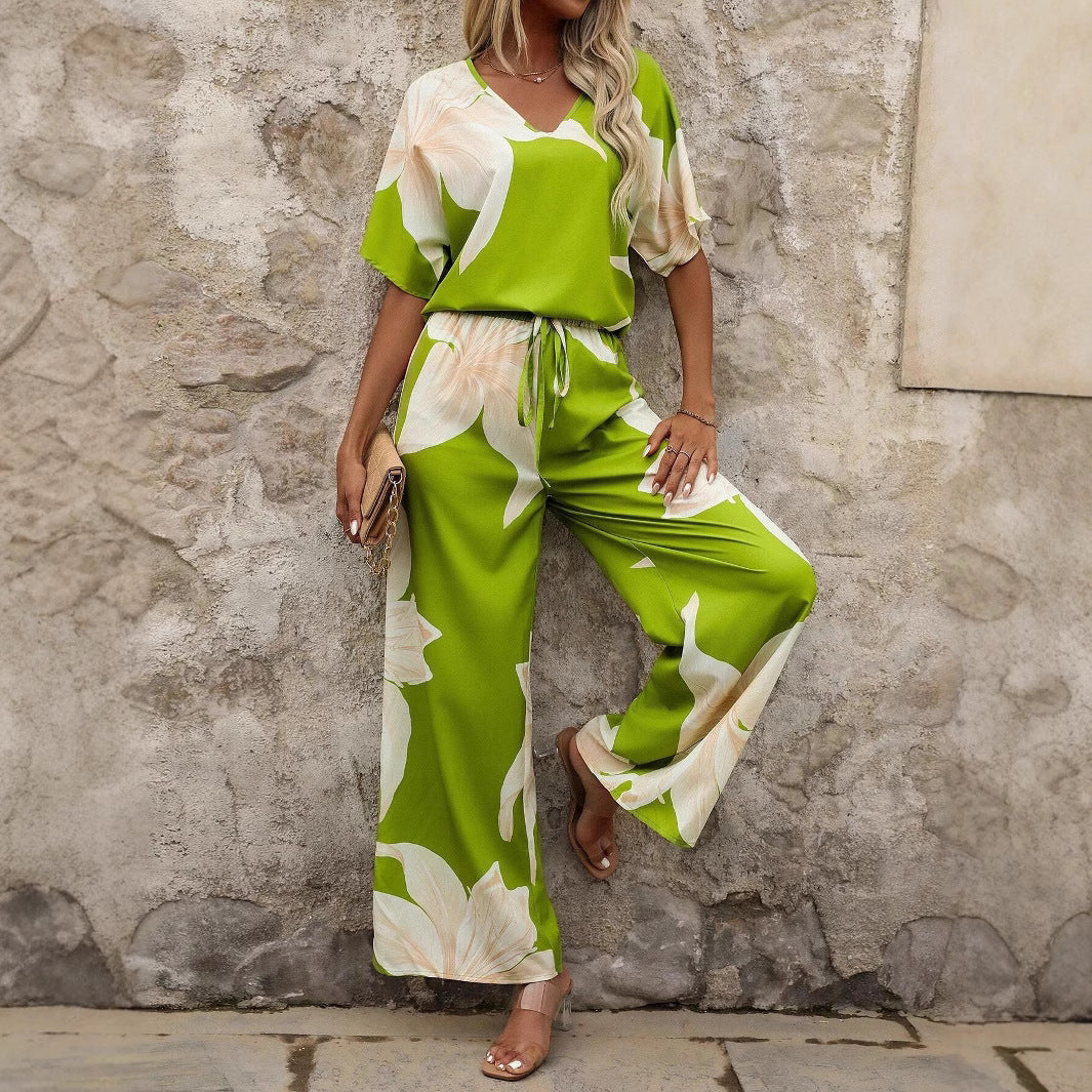 Damen luftiger Hosenanzug mit floralem Print und elastischem Bund