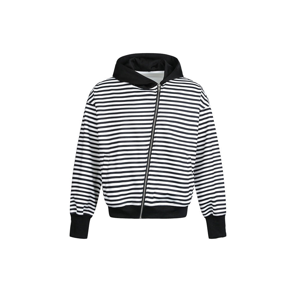 Damen Gestreifte Kapuzen-Zipjacke im Boxy‑Cut mit Rippbündchen und verdeckten Nahttaschen Shop Nory