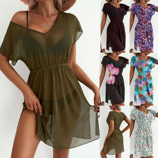 Damen Sommerkleid mit V-Ausschnitt, elastischer Taillenlinie und allover Blätterprint Shop Nory