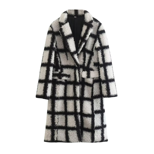 Damen Langer Karierter Teddymantel mit Reverskragen und aufgesetzten Pattentaschen Shop Nory