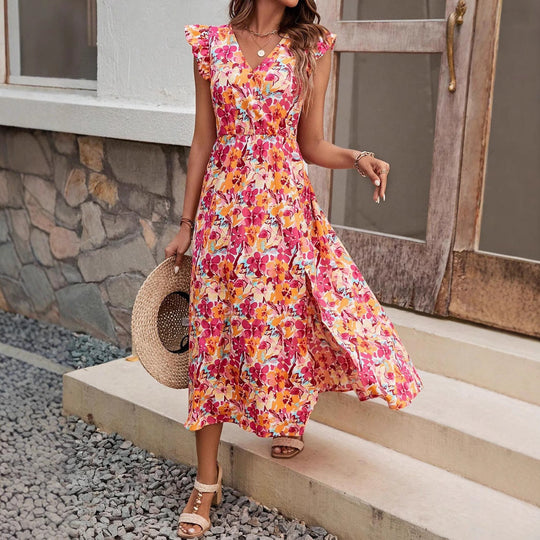 Damen Sommerliches Maxikleid mit Rüschendetails und floralem Design Shopnory