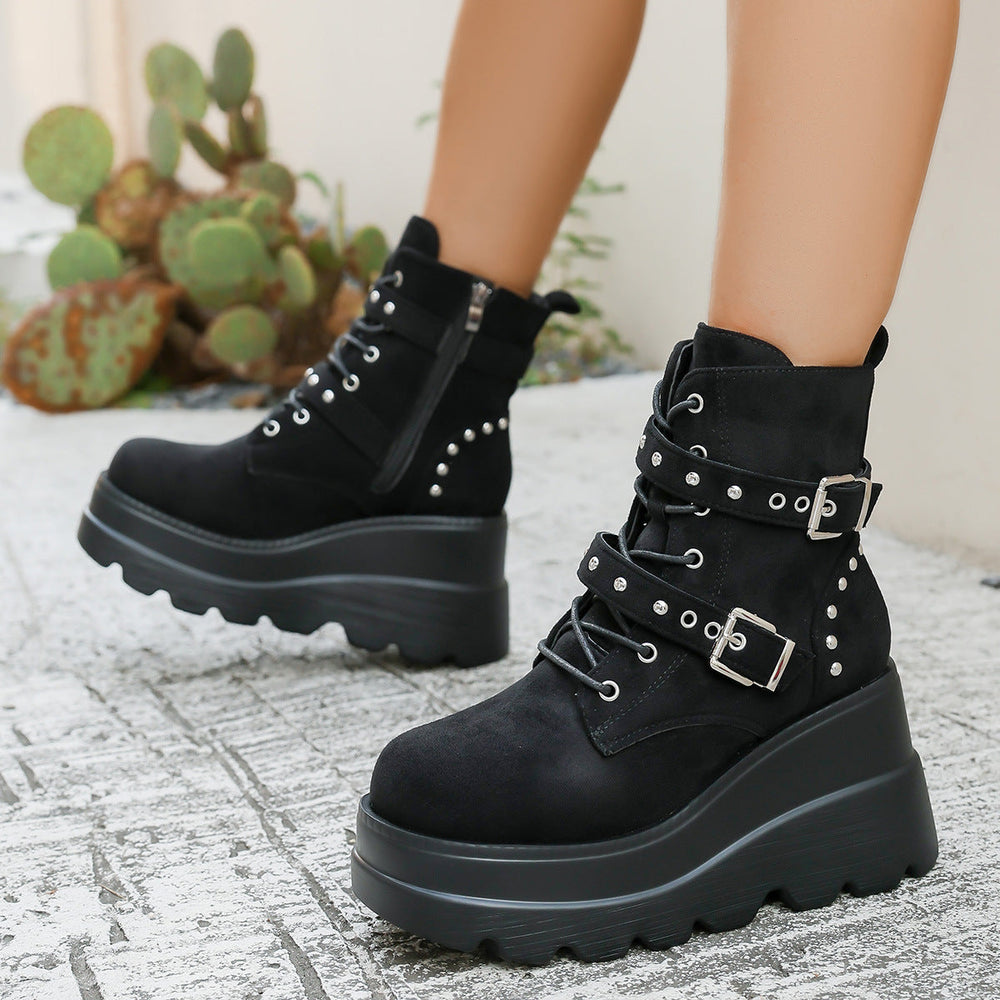 Damen Wedge-Stiefel mit modischen Schnallen und robustem Plateau