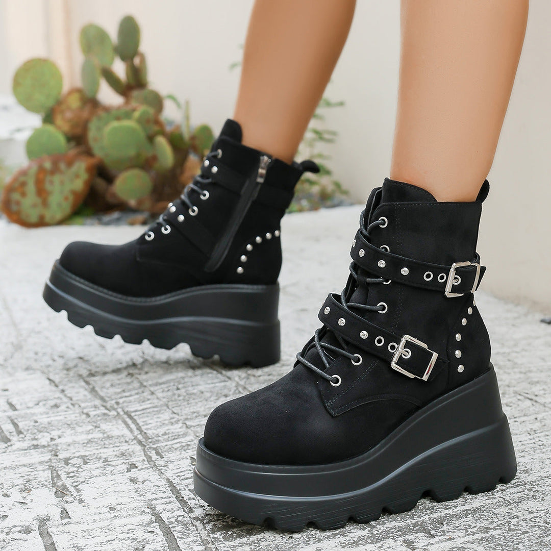Damen Wedge-Stiefel mit modischen Schnallen und robustem Plateau