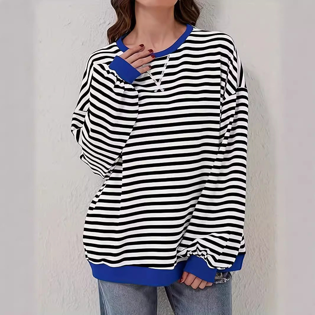 Damen Gestreifter Oversize Pullover mit Kontrastbündchen Shop Nory