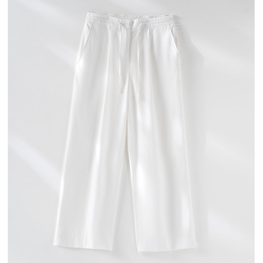 Damen Culotte-ähnliche Leinenhose mit Tunnelzug, Bundfalten und geradem Bein Shop Nory