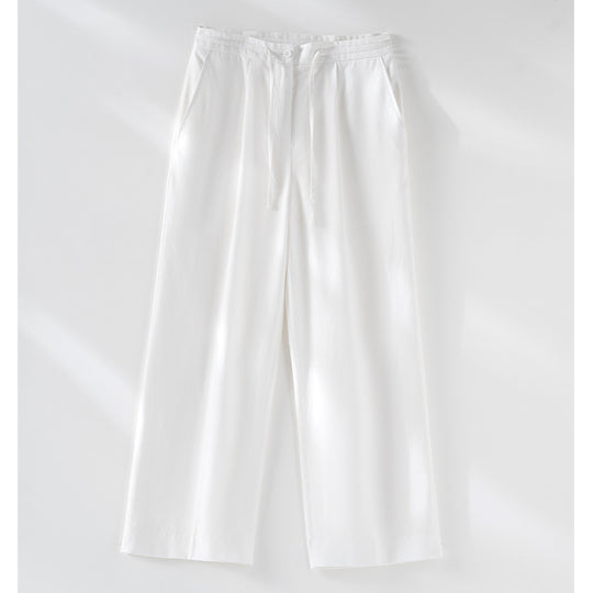 Damen Culotte-ähnliche Leinenhose mit Tunnelzug, Bundfalten und geradem Bein Shop Nory