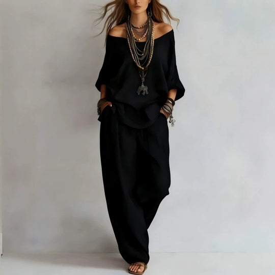 Damen Lässiges Leichtes Lounge-Set mit Carmenausschnitt und Palazzo-Hose Shop Nory