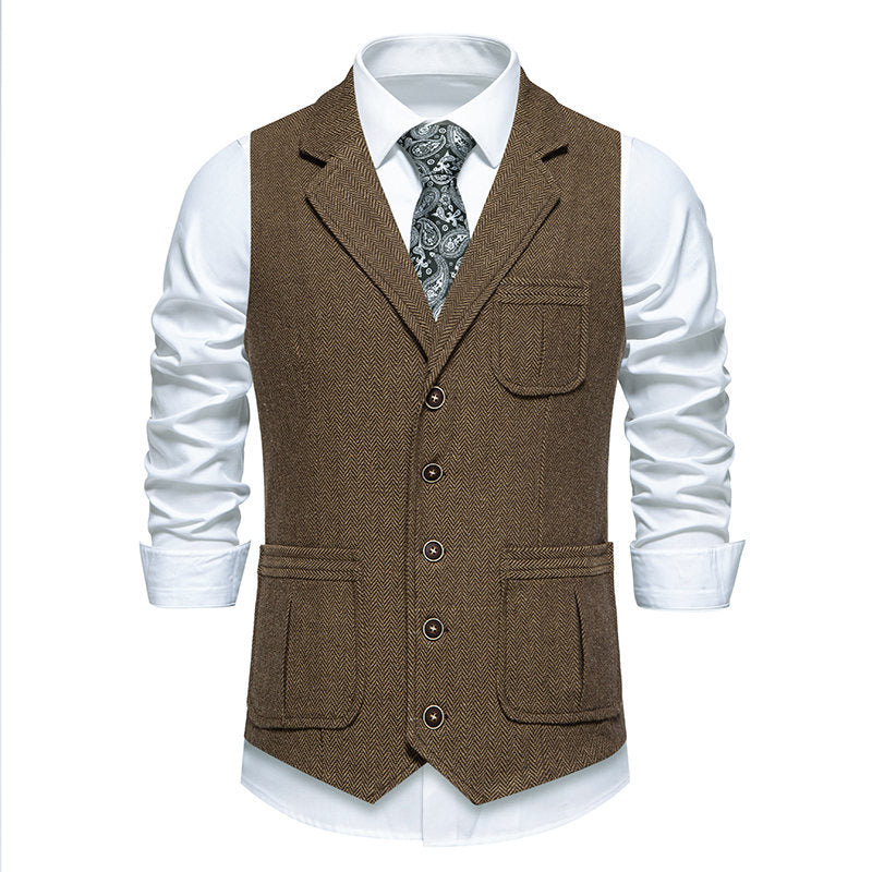 Herren Tweed-Weste mit Fischgrätmuster, Reverskragen und Pattentaschen Shop Nory