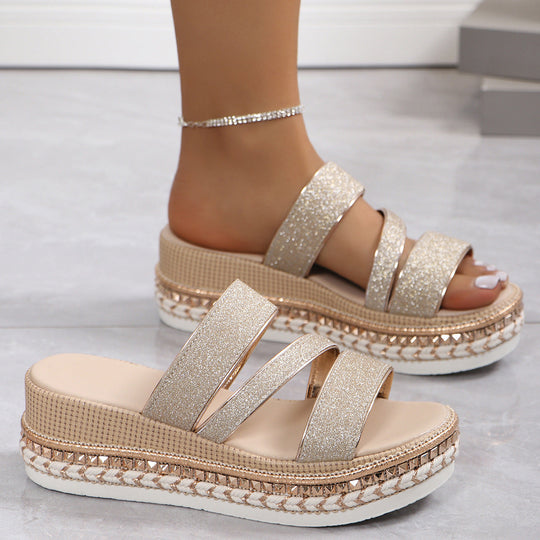 Damen Wedge-Sandaletten mit modischem Glitzer-Riemen und ergonomischem Fußbett Shopnory