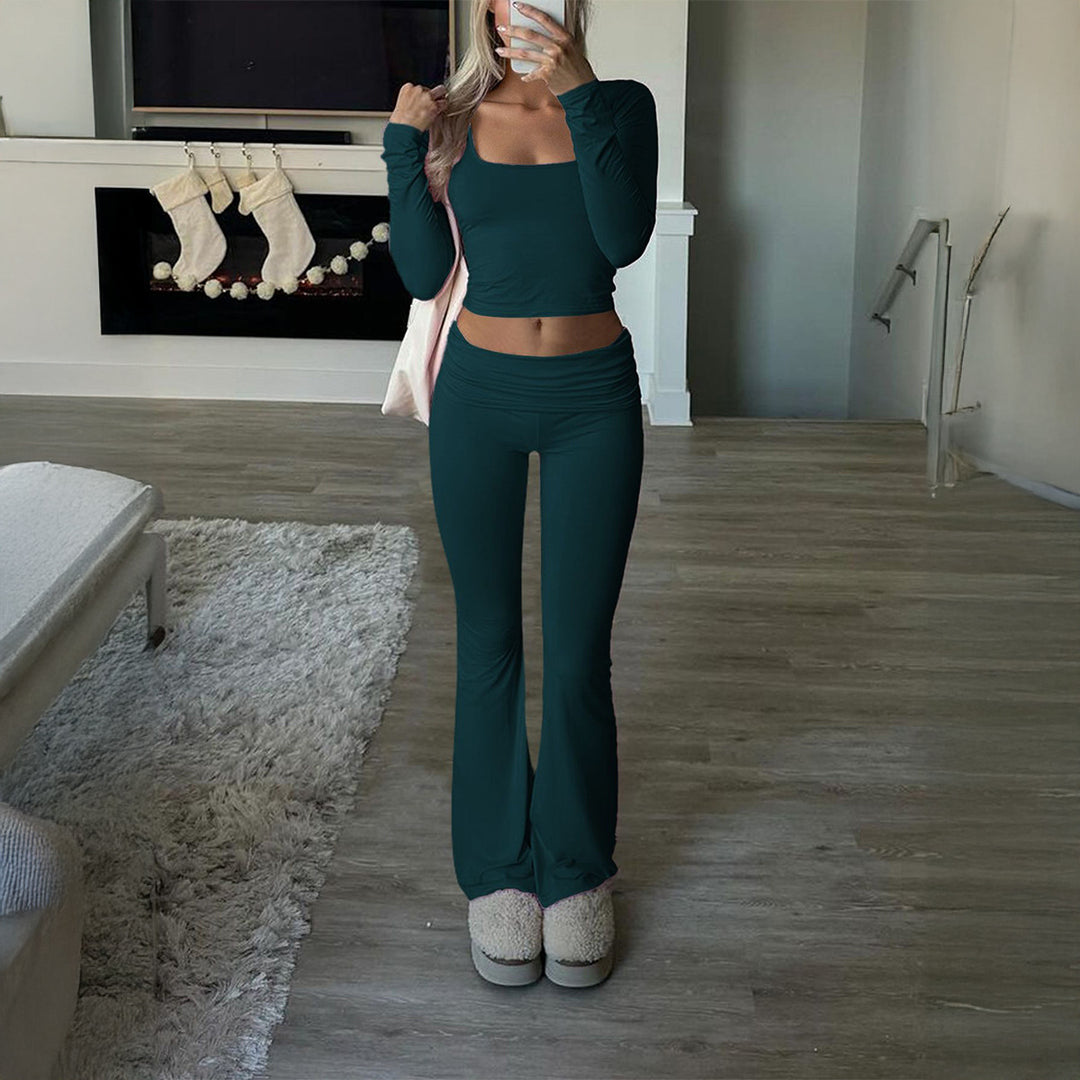Damen nan figurbetontes Cropped-Set mit langärmeligem Top mit quadratischem Ausschnitt und ausgestellter High‑Waist Yoga-Hose Shop Nory