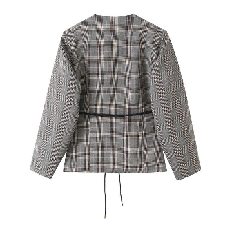 Damen Taillierte Glencheck-Blazerjacke mit V-Ausschnitt und Bindegürtel Shop Nory
