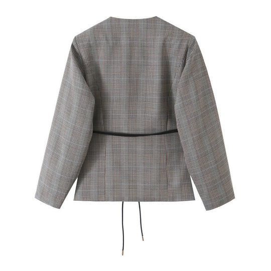Damen Taillierte Glencheck-Blazerjacke mit V-Ausschnitt und Bindegürtel Shop Nory