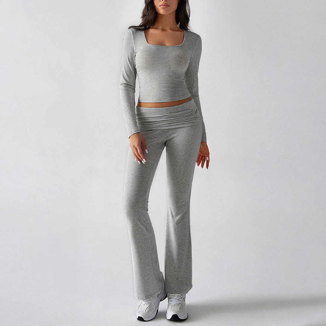 Damen nan figurbetontes Cropped-Set mit langärmeligem Top mit quadratischem Ausschnitt und ausgestellter High‑Waist Yoga-Hose Shop Nory